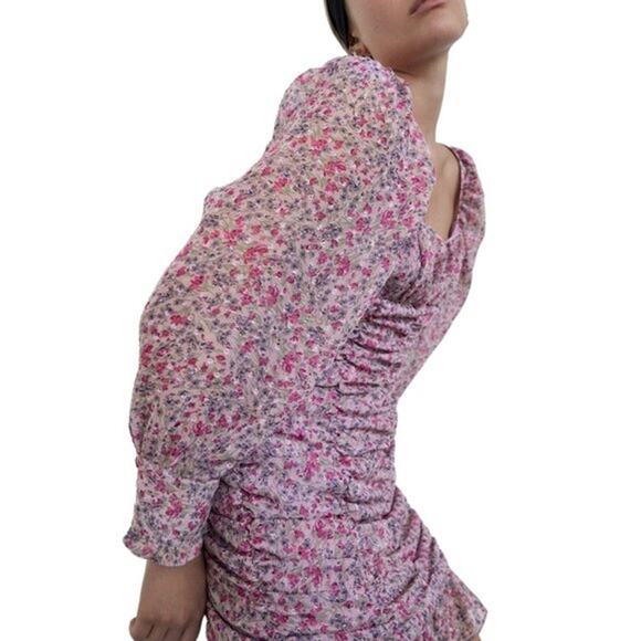 ZARA Floral Print Draped Long Sleeve Ruffle Mini Dress Bloggers Fav Pink/ Purple - Picture 4 of 12